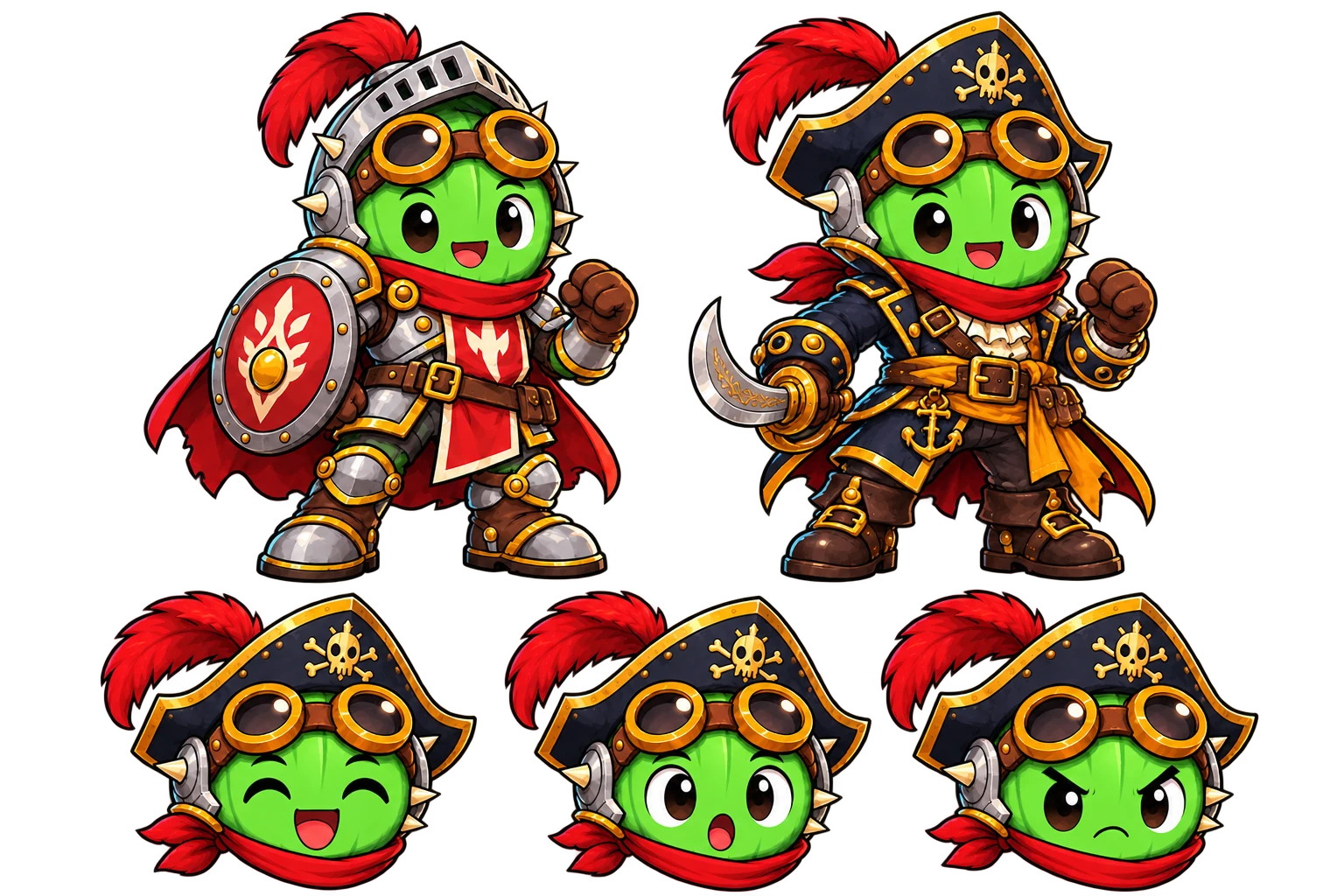 The same compact cactus hero as a knight and a pirate, with happy, surprised and determined expression variants