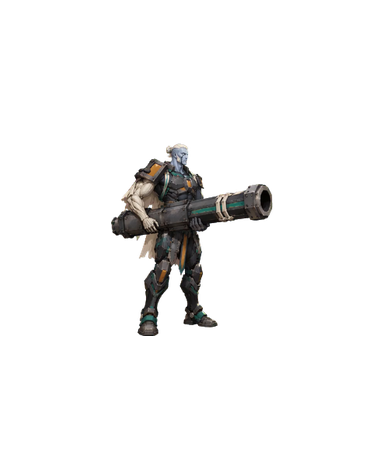 Kneeling cannon shot: extracted animation of the same ivory-haired guardian carrying a giant cannon