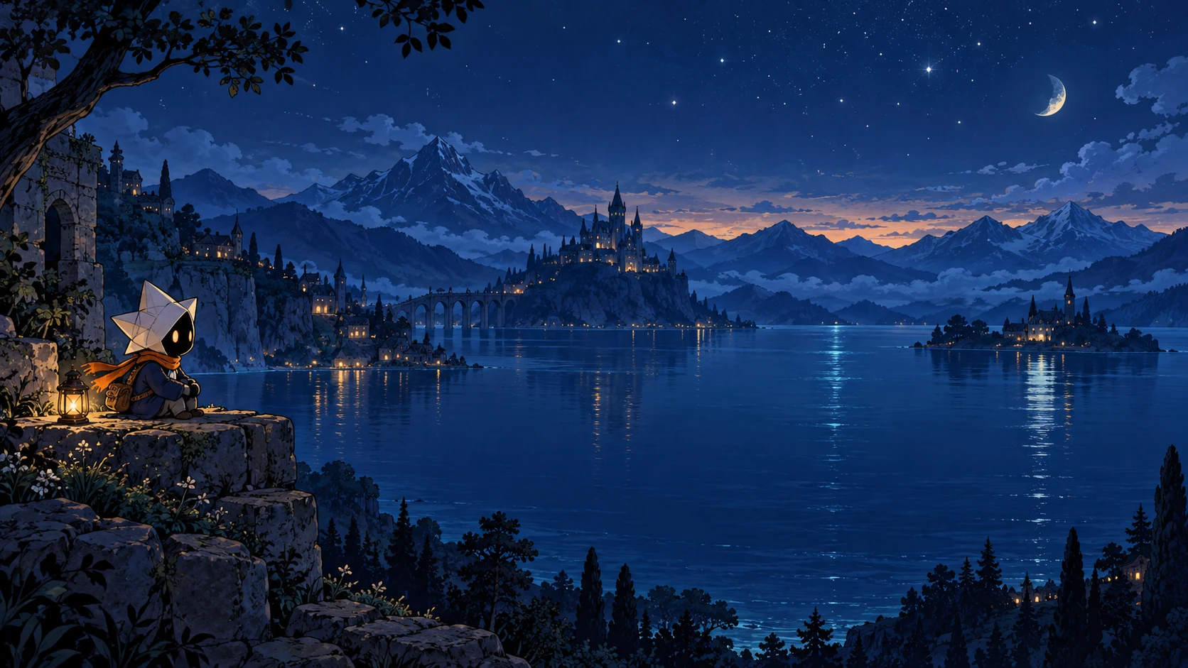 Moti overlooking a lantern-lit lake and a distant game world