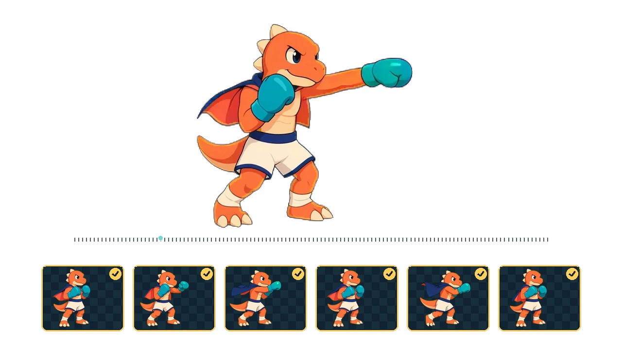 Deliberately altered dinosaur-boxer editing example: remove an inserted guard pose, shorten an excessive hold, adjust the same pose in the frame card and preview, then replay the complete native action above fixed genuine source poses with a moving playhead